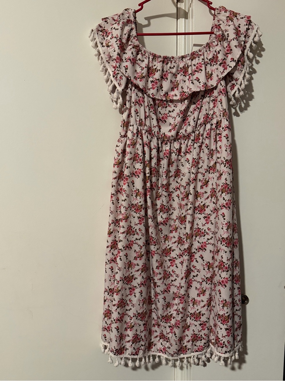 PatPat White and Pink Floral Ruffle Dress with Pom Trim